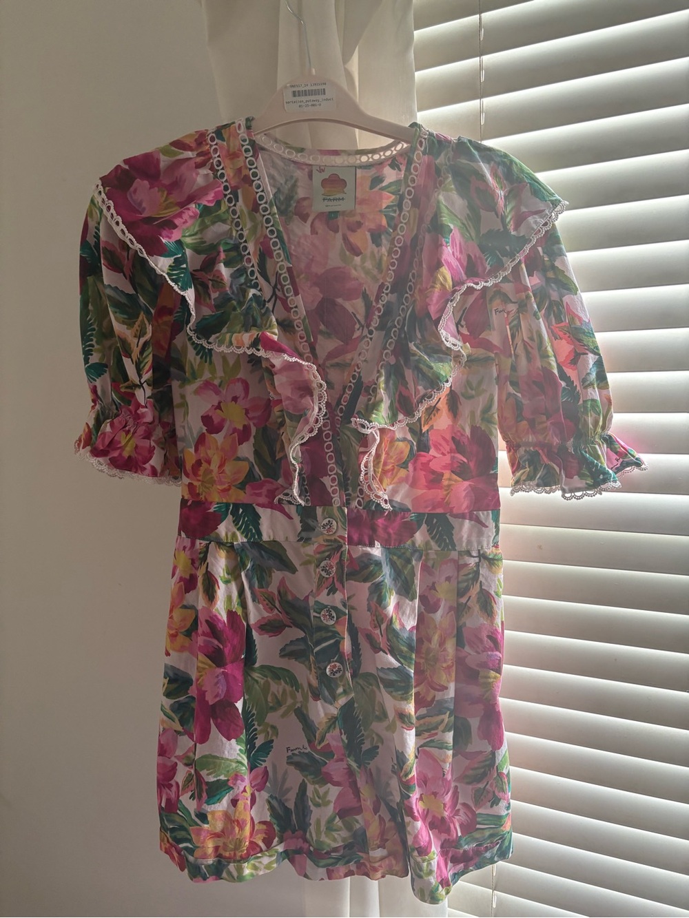 Farm Rio Floral Ruffled V-Neck Romper in Pink & Green